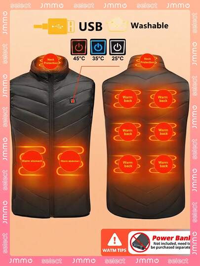 JMMO Men's Winter Heated Vest, 3-Gear Adjustable 9-Area Heating, No Power Bank Needed