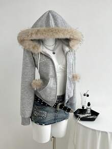 Elamini Women's Casual Fur Collar Embroidered Hooded Jacket, Autumn/Winter