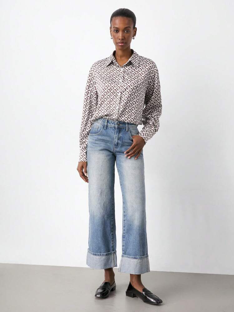 SHEIN Maija Camisa casual de manga larga con botones y estampado completo para mujer, blusa elegante para mujer