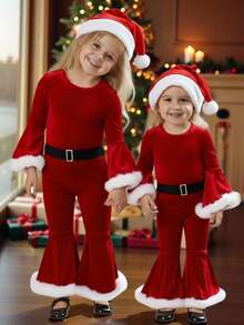 SHEIN Set de 2 piezas de camiseta de cuello redondo de punto de unicolor y leggings para niña joven