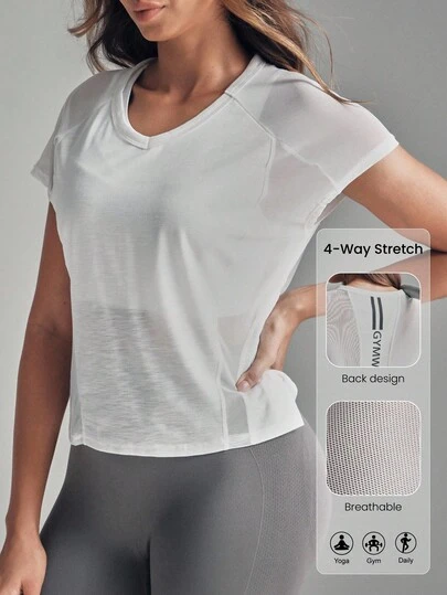 SHEIN Sports Women's Solid Color Round Neck Raglan Short Sleeve Sports T-Shirt Workout Blouse Mesh Work Out Top