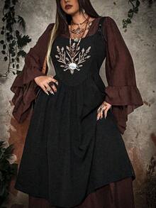 Whyspr Top con corpiño bordado de trigo negro con falda acampanada de cintura alta, estilo gótico vintage punk con tirantes de lazo