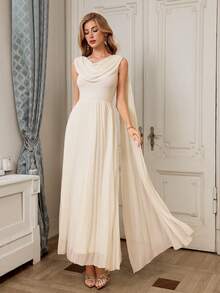 SHEIN Elenzya Sleeveless Ruffled Pleated Waist A-Line Elegant Romantic Sophisticated Women's Dress - Apricot - View 5