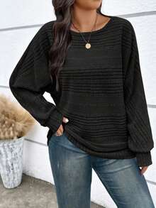 SHEIN PETITE Petite Women Textured Ribbed Fleece Casual Sweatshirt, Autumn/Winter - Black - View 6