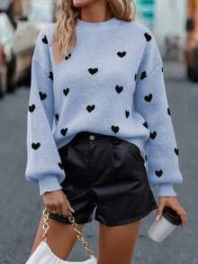 SHEIN LUNE Heart Pattern Drop Shoulder Casual Sweater, Autumn/Winter - Teal Blue - View 5