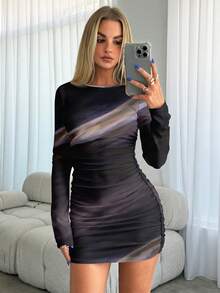 Aloruh 女士优雅灰色扎染印花圆领长袖褶皱迷你修身连衣裙，派对礼服，Y2K风格连衣裙，适合秋冬季穿着 - 深灰色 - 查看 4