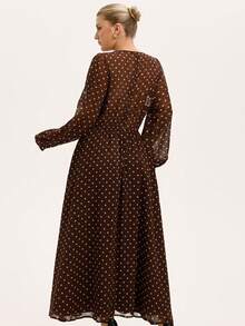 Chiquease 优雅V领雪纺波点印花收腰喇叭长连衣裙，大码，初秋，英伦风 - 彩色 - 查看 4