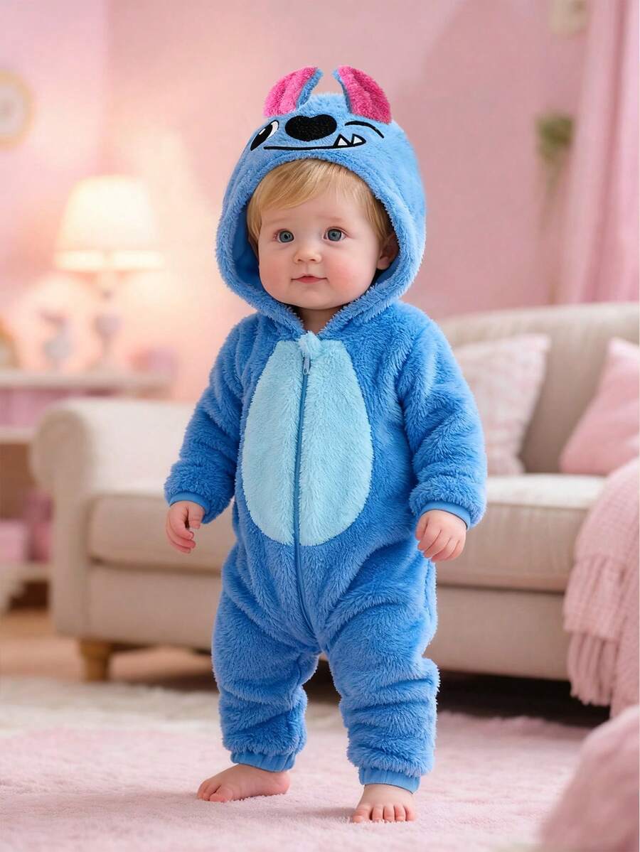 SHEIN Baby/Baby Boy/Girl Fleece Thickened Hooded Jumpsuit, Jumpsuit Outfits, Comfortable Versatile Fashion Daily Cute Ear Design Costumes, Suitable For Indoor, Outdoor Skiing, Daily Wear, Sports, Play, Party, Photo Shoot, Holiday, Halloween Warm Jumpsuit For Baby Boy New Born Baby Boy Clothes Winter Baby Fleece Jumpsuit Baby Cartoon Clothes