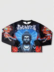 ROMWE MEN Street Life Men's Fashionable Printed Crew Neck Long Sleeve Pullover Sweatshirt - Black - View 5