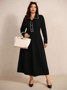 SHEIN Elaquor Plus Size Women's Button Placket Long Sleeve Casual Dress - Black - View 4