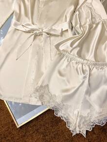 SilkySpell 3件套女士刺绣蕾丝V领吊带背心+短裤+睡袍性感缎面睡衣套装新娘睡袍套装，秋冬服装 - 米色 - 查看 5