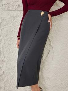 Modelyn 女士优雅金属装饰腰部铅笔裙，适合通勤 - 深灰色 - 查看 4