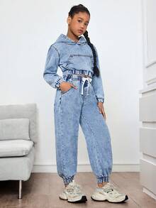 SHEIN 2pcs/Set Tween Girls Y2k Vintage Fashion Casual Pocket Loose Hoodie  Blue Denim Sweatshirt And Drawstring Waist Jogger Pants Set Fall WInter,Versatile And Casual For Girls Fall/Winter Dailywear Outfits,Girls Christmas Outfits,Girls New Year Clothes,Thanksgiving Outfit For Girls,Girls Winter Jeans,Teen Denim Clothes,Winter Clothes, Teen Street Jacket,Teen Jean Pants,Jogger Jean,Bellbottoms Jeans,Women Boot Cut Jeans, Wash Jeans - Dark Wash - View 5