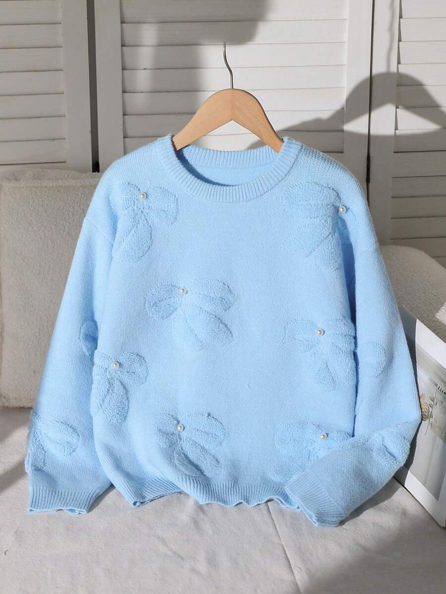 青少年女孩淺藍色厚款休閒寬鬆蝴蝶結刺繡針織衫,柔軟舒適秋季優雅假期返校穿搭套裝 - 淺藍色 - 查看 1
