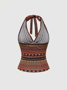 ROMWE Hippie Spring/Summer Women Geometric Print Halter Backless Casual Vacation Bodycon Tank Top - Multicolor - View 2