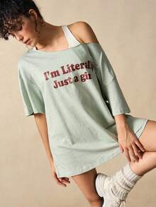 VARSIVA 字母印花宽松休闲圆领短袖T恤 - 綠色 - 查看 6