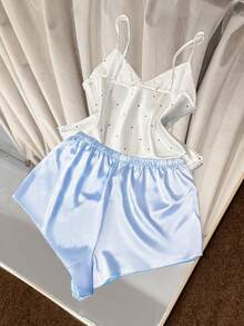 SilkySpell 缎面可爱波点印花吊带背心短裤女士睡衣套装 娃娃衫睡衣套装 女士短裤睡衣套装 女士短裤睡衣套装 夏季睡衣套装 女士睡衣套装 - 藍色 - 查看 2