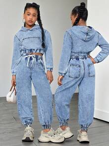 SHEIN 2pcs/Set Tween Girls Y2k Vintage Fashion Casual Pocket Loose Hoodie  Blue Denim Sweatshirt And Drawstring Waist Jogger Pants Set Fall WInter,Versatile And Casual For Girls Fall/Winter Dailywear Outfits,Girls Christmas Outfits,Girls New Year Clothes,Thanksgiving Outfit For Girls,Girls Winter Jeans,Teen Denim Clothes,Winter Clothes, Teen Street Jacket,Teen Jean Pants,Jogger Jean,Bellbottoms Jeans,Women Boot Cut Jeans, Wash Jeans - Dark Wash - View 1
