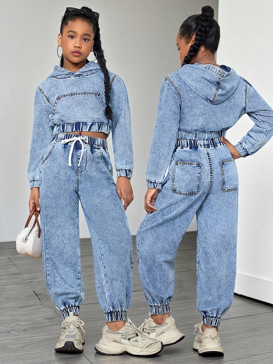 SHEIN 2pcs/Set Tween Girls Y2k Vintage Fashion Casual Pocket Loose Hoodie  Blue Denim Sweatshirt And Drawstring Waist Jogger Pants Set Fall WInter,Versatile And Casual For Girls Fall/Winter Dailywear Outfits,Girls Christmas Outfits,Girls New Year Clothes,Thanksgiving Outfit For Girls,Girls Winter Jeans,Teen Denim Clothes,Winter Clothes, Teen Street Jacket,Teen Jean Pants,Jogger Jean,Bellbottoms Jeans,Women Boot Cut Jeans, Wash Jeans - Dark Wash - View 1
