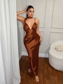 SHEIN SXY Women's Leopard Jacquard Sexy Fitted Fashion Slip Dress,Birthday Dresses For Women,Vacation,Brown Dress ,Valentine's Day, Low Cut Dress, Halter Neck Dress, Leopard Print Dress, Plunge Dress,Elegant Dress - Brown - View 4