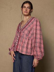 Freevana 大码波西米亚风印花系带开衫衬衫女式上衣，长袖 - 紅木色 - 查看 5