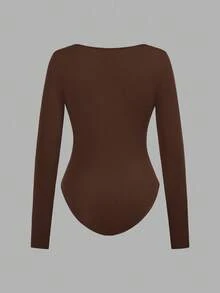 SHEIN EZwear 3件套女士休闲简约棕色卡其色米色方领长袖连体衣套装，秋冬季 - 彩色 - 查看 3