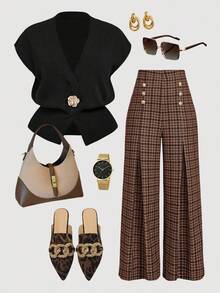 SHEIN MOD Áo len cardigan không tay cổ chữ V khoét sâu cỡ lớn, trang phục công sở thanh lịch cho mùa thu/đông - màu đen - Xem 1