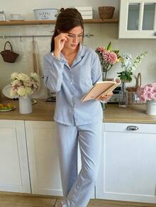Women's Button-Up Long Sleeve Top & Straight Leg Striped Casual Pants Pajama Set Cozy And Elegant Details, Fall Winter Clothes