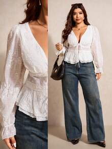 Elaquor 大码女式花卉刺绣深V领系带长袖性感时尚衬衫 - 白色 - 查看 1