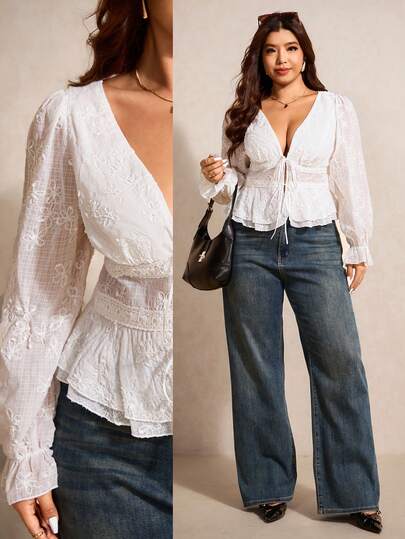 Elaquor Plus Size Dam Blommig Broderi Djup V-ringad Knytning Fram Långärmad Sexig Modern Blus