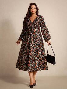 Elaquor Plus Size Elegant Party Floral Print Lantern Sleeve Dress Fall Dresses For Women Floral Midi Dress Midi Dress With Sleeves Plus Size Boho Dress, Fall/Winter Dresses Flower