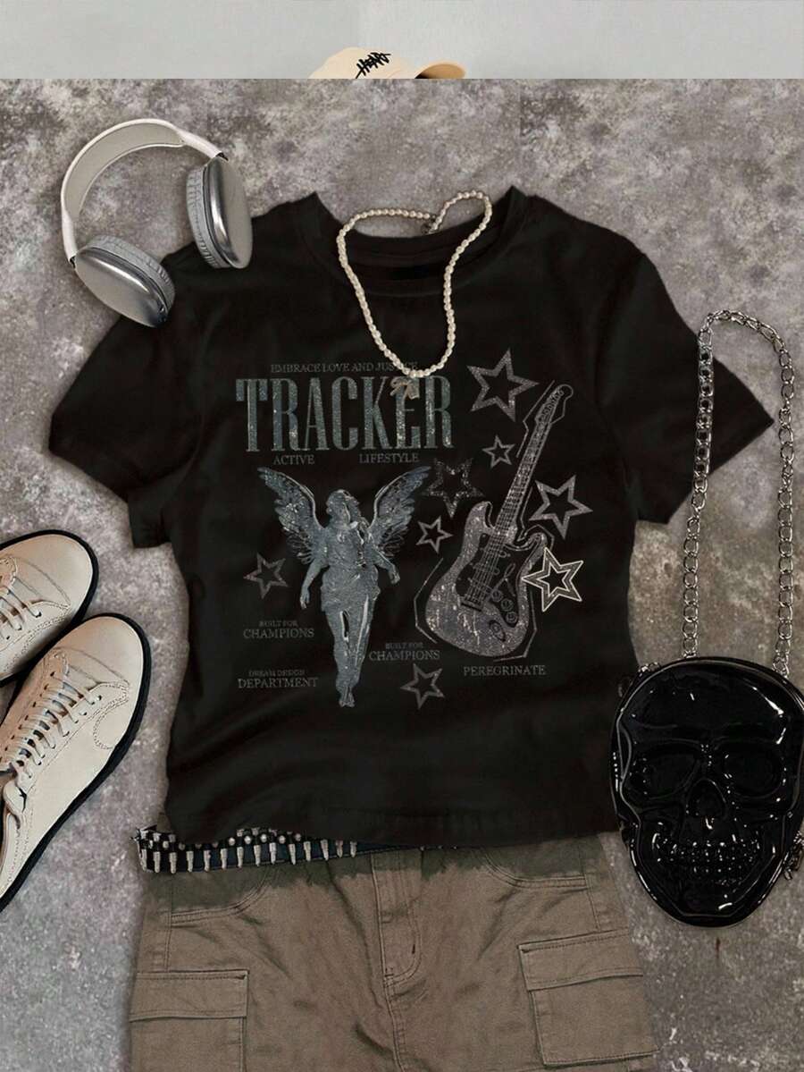 Attitoon Retro Casual Music Festival Angel Guitar English Letter Graphic Fitted Round Neck Short Sleeve T-Shirt For Women, Suitable For Summer Back To School - Black - View 1