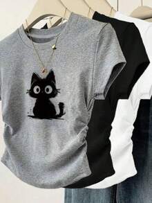Playeras de mujer estilo casual lindo estampado gato tejido suave color sólido ajustado cuello redondo manga corta primavera/verano set de 3 para diario y universidad - Multicolor - Ver 1