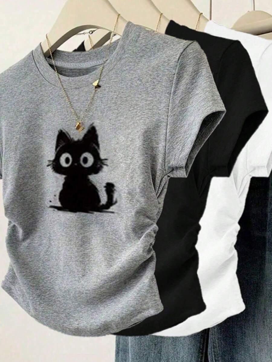 Playeras de mujer estilo casual lindo estampado gato tejido suave color sólido ajustado cuello redondo manga corta primavera/verano set de 3 para diario y universidad - Multicolor - Ver 1