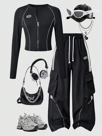 SHEIN Sparklyn 女童休闲百搭简约运动套装，上衣和裤子正面印有白色图案，并饰有反光灰色条纹，适合秋冬季户外活动、散步、购物、通勤，可搭配羽绒服、外套。