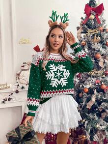 LanaWest 女式圣诞雪花图案毛衣，适合新年服装 - 墨綠色 - 查看 4