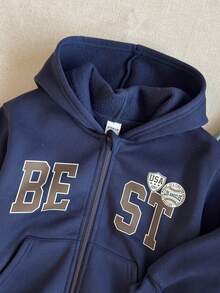 PrepCrw Sudadera con cremallera delantera y estampado de letras con estilo universitario para niños pequeños - Azul - Ver 3