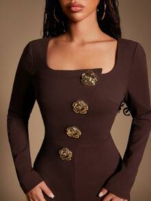 Radiana Bộ đồ liền thân dài tay cổ vuông màu nâu cà phê quyến rũ và thanh lịch dành cho nữ, quần liền thân co giãn, bó sát, thích hợp mặc hàng ngày, đi làm, đi chơi, những dịp trang trọng - Cà phê nâu - Xem 5