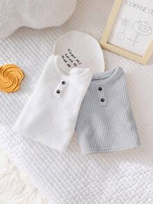 SHEIN 2pcs Newborn Baby Boy/Girl Grey & White Autumn/Winter 2 Pieces Set, Vintage Casual Basic Decorative Button Crew Neck Long Sleeve Textured Knit Ribbed Pullover, Versatile & Stylish For Home & Outings