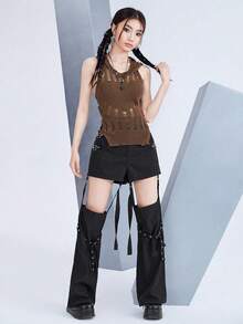 ROMWE PETITE Y2K Style Loose Straight Leg Detachable Cargo Pants, Suitable For K-Pop Girl Group Stage Outfits