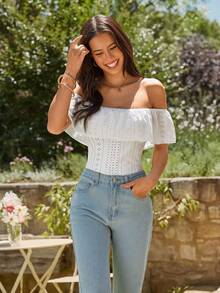 KARISMINA Vacation Casual Solid Color Off-Shoulder Bodysuit - White - View 4