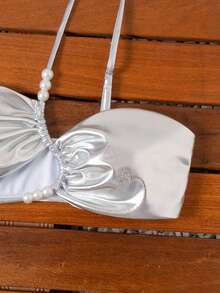 Swim SXY Top de bikini asimetric cu mărgele metalice încrucișate, sexy, pentru femei, de vară, la modă pentru plajă și vacanță - Argint - Vizualizare 6