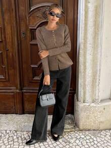 Serisse Casual Solid Color Crew Neck Cardigan, Long Sleeve Winter,Fall,Fall Clothes For Women