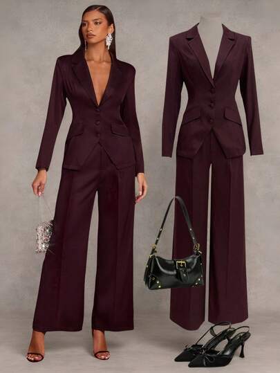 SHEIN Glamour 女士勃艮第红色编织领夹克，腰部收紧 A 字形，通勤百搭，优雅约会，办公室穿着，勃艮第红色两件套，女士两件套西装套装