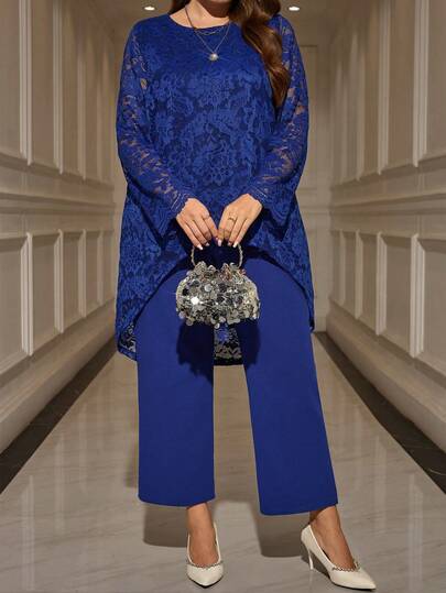 EMERY ROSE Plus Size Elegant Party Solid Color Lace Top And Pants 2 Pieces Set Blue 2 Piece Set Women