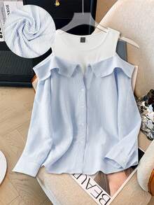 Franclia 秋冬新款 | 条纹拼接针织纯色背心二合一衬衫，采用独特的露肩长袖设计，饰以精致纽扣，层次丰富，时尚感十足 - 藍色 - 查看 1