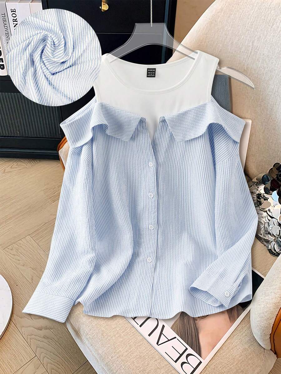 Franclia 秋冬新款 | 条纹拼接针织纯色背心二合一衬衫，采用独特的露肩长袖设计，饰以精致纽扣，层次丰富，时尚感十足 - 藍色 - 查看 1
