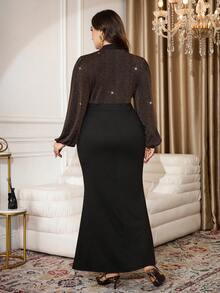 Modelyn Vestido elegante plus size feminino com blocos de cores, decote em V profundo, mangas bufantes e barra sereia. - Preto - Ver 2