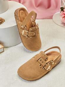Mini mi #StarryWalk 儿童铆钉搭扣装饰仿麂皮灰褐色后跟带木屐——适合活泼小脚丫的酷炫套脚鞋 - 米色 - 查看 2
