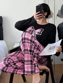 Napfluff CURVE Napfluff CURVE Bộ đồ ngủ dài tay dáng rộng in họa tiết kẻ caro nơ dành cho nữ, thích hợp mặc mùa đông. - Hồng - Xem 3